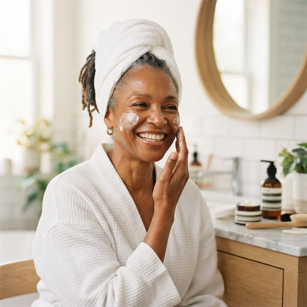 Demo creator applying skincare in a bright bathroom