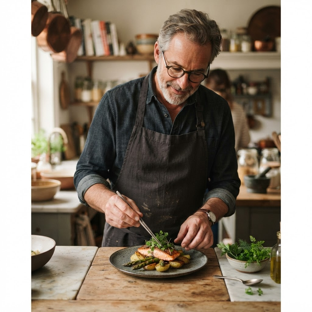 Demo creator garnishing a plated dish in a home kitchen