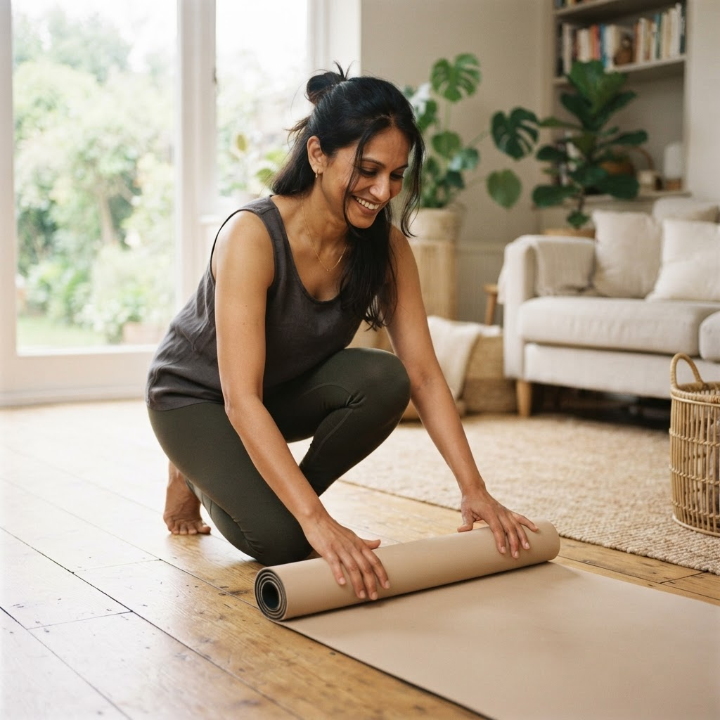Demo creator rolling out a yoga mat in a bright living room